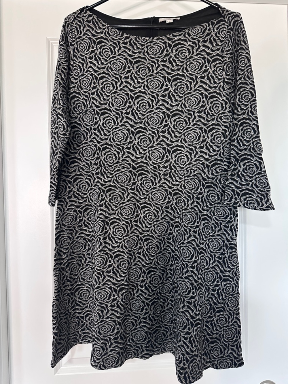 LOFT Black & Gray Rose Jacquard Midi Dress